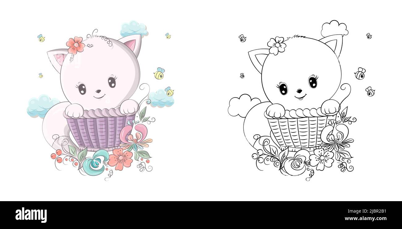 Kitten Clipart for Coloring Page and Multicolored Illustration. Clip Art Cat in a Wicker Basket. Stock Vector