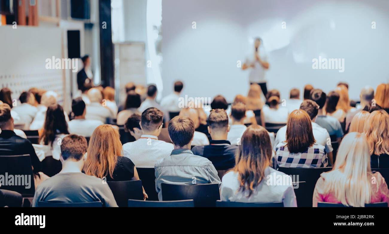 Business speaker giving a talk at business conference event. Stock Photo