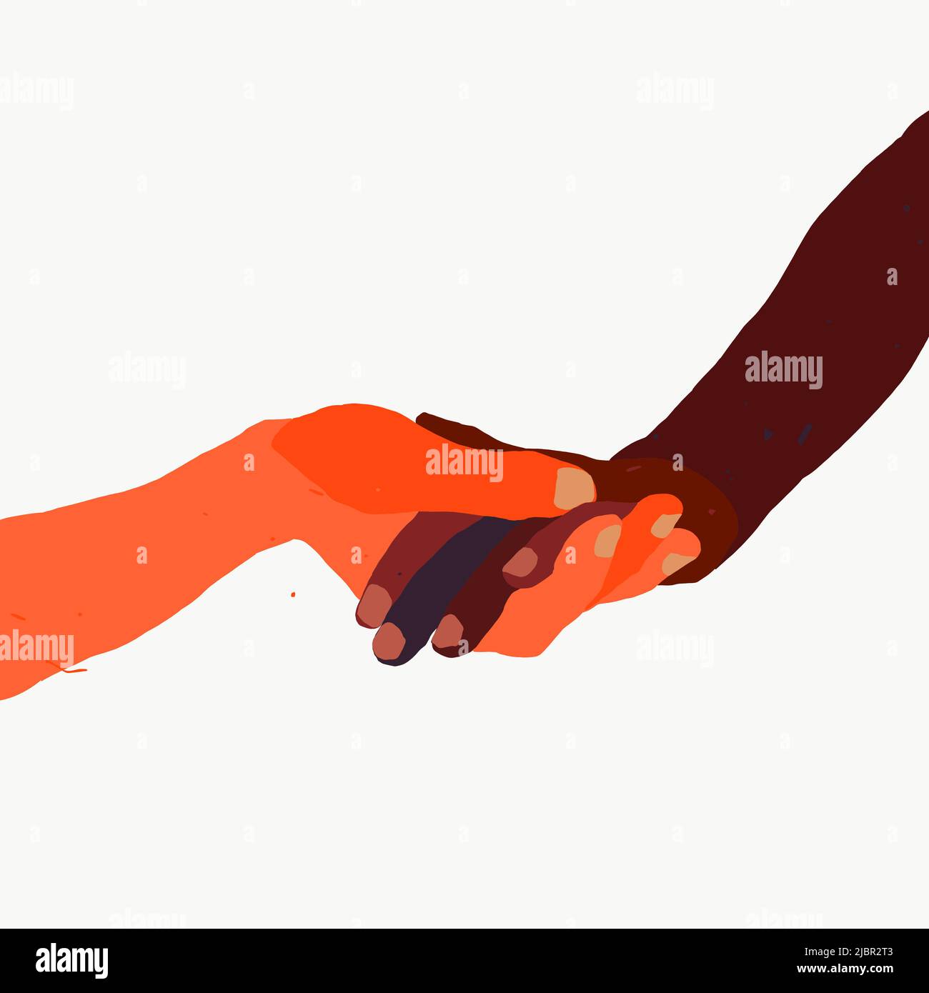 Two hands of different skin colors hold each other. The concept of assistance and support. Hand drawn vector illustration Stock Vector