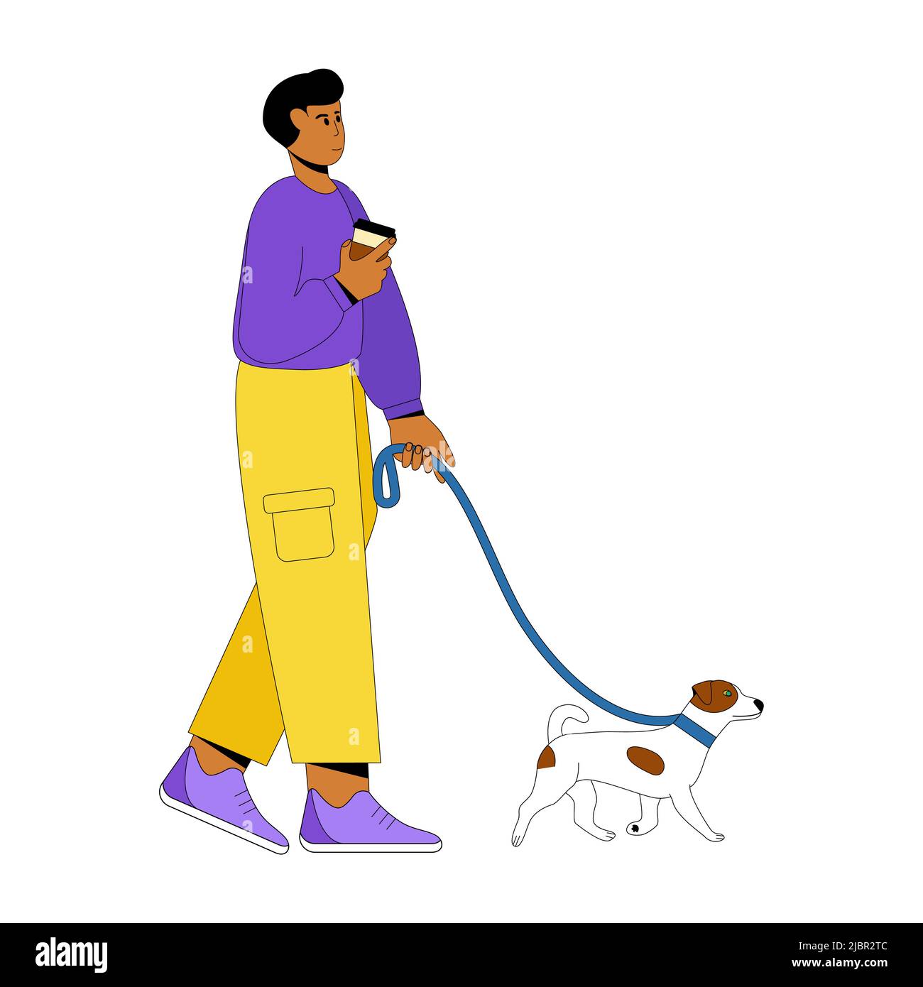 Man walking with a dog. Professional dog walking. Flat vector illustration isolated on white background Stock Vector