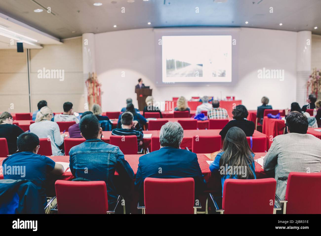 Audience in lecture hall on scientific conference. Stock Photo
