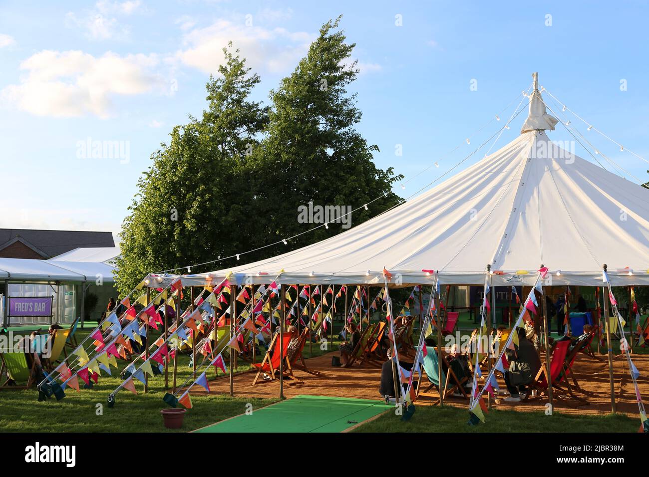 Last of the sun at the Main Garden Tent, Hay Festival 2022, Hay-on-Wye, Brecknockshire, Powys, Wales, Great Britain, United Kingdom, UK, Europe Stock Photo