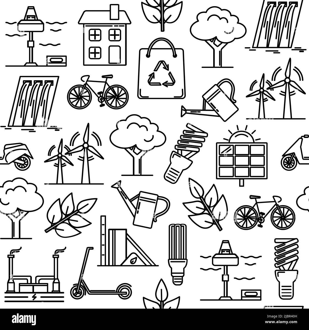 Seamless pattern with energy and ecology symbols in thin line style