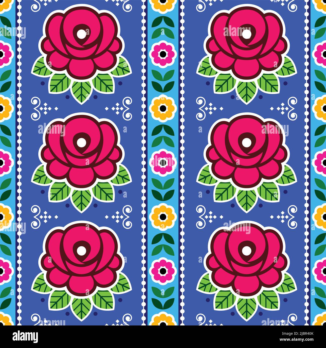 Indian and Pakistatni traditional truck art vector seamless vertical pattern with roses and leaves on navy blue background, Diwali vibrant design Stock Vector