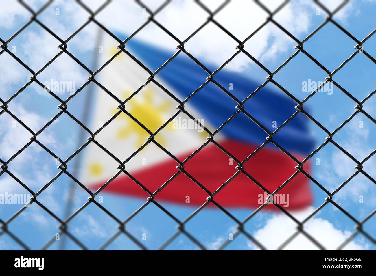 a-steel-mesh-against-the-background-of-a-blue-sky-and-a-flagpole-with
