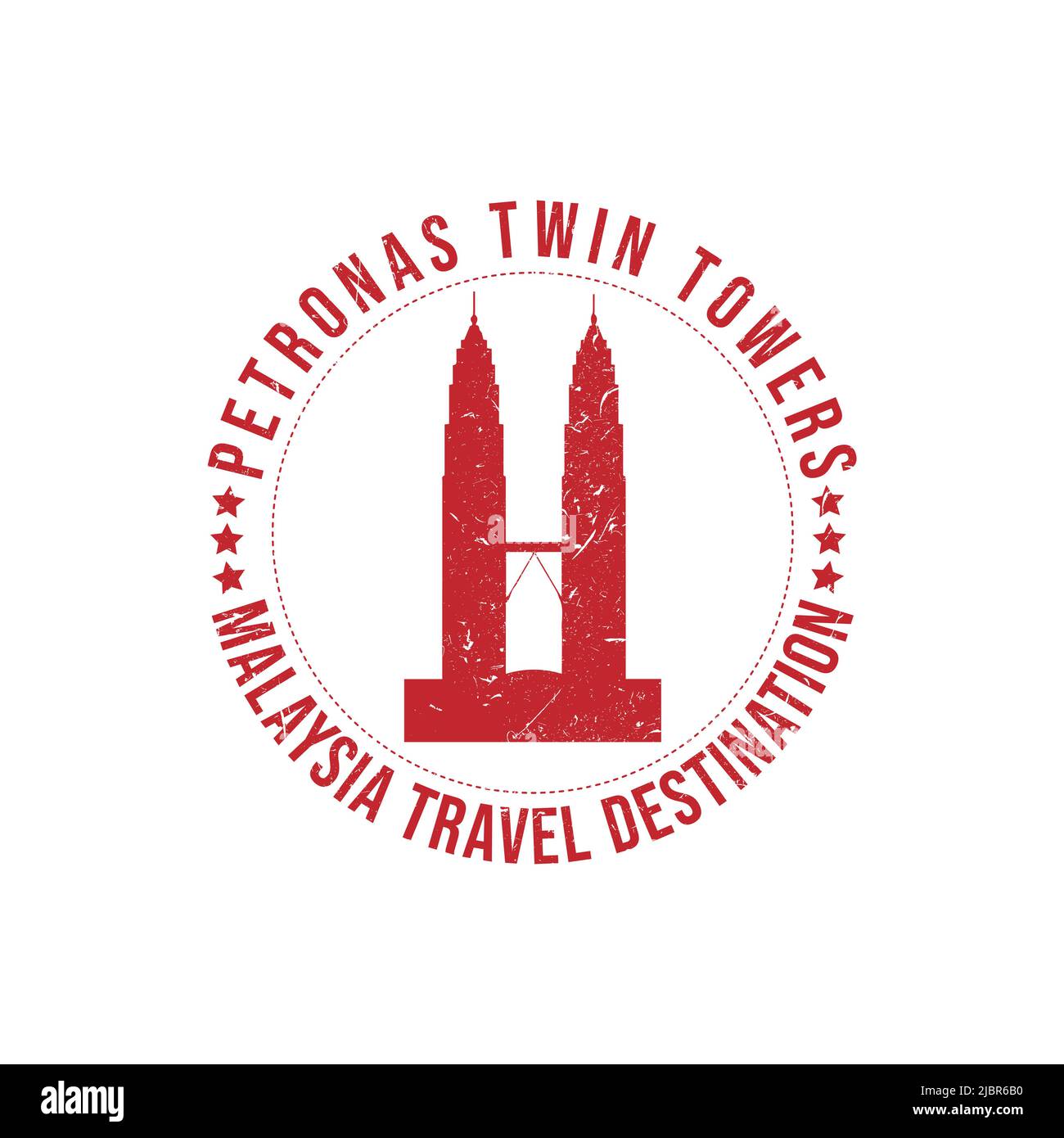 Grunge rubber stamp with the text Malaysia travel destination written inside the stamp. Time to travel. Silhouette of petronas tower Malaysia vector i Stock Vector