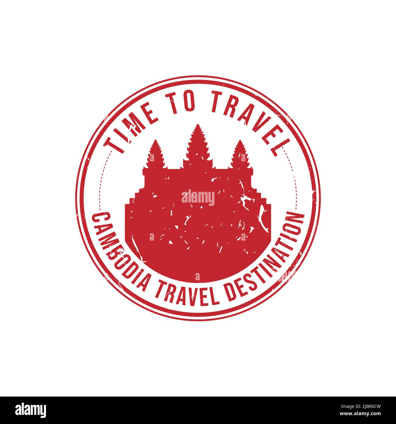 Grunge rubber stamp with the text Cambodia travel destination written inside the stamp. Time to travel. Silhouette of ANGKOR WAT temple Cambodia histo Stock Vector