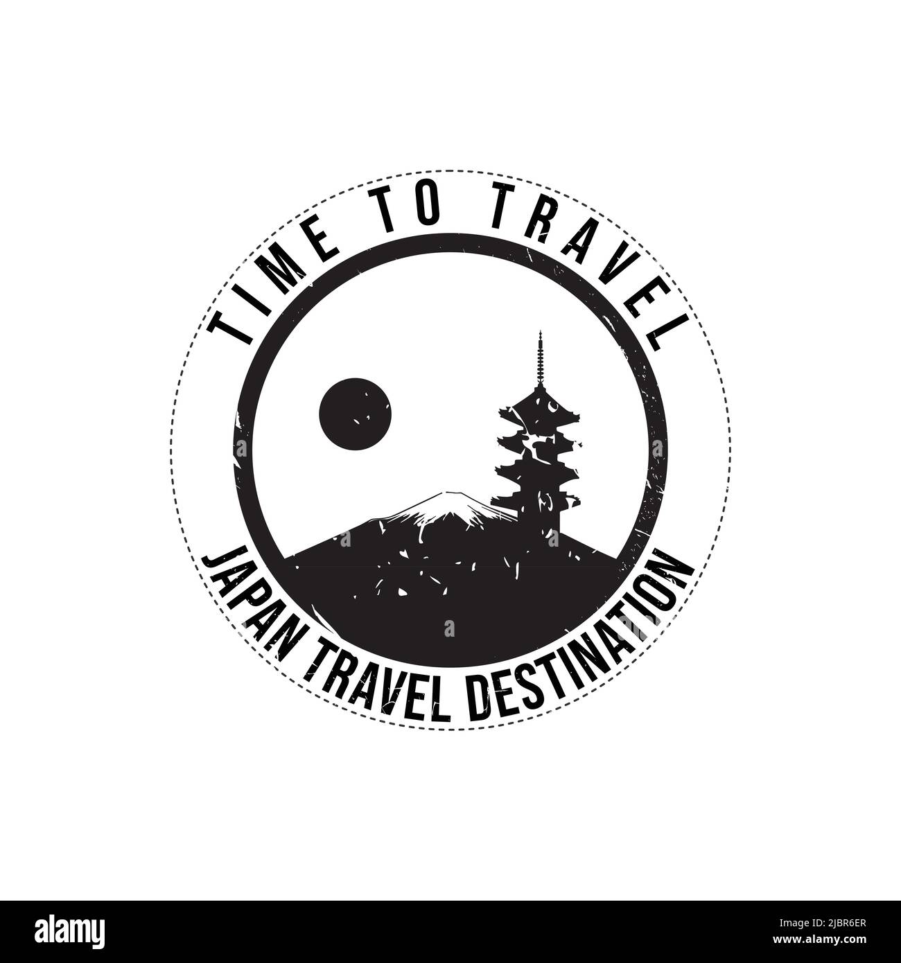 Grunge rubber stamp with the text Japan travel destination written inside the stamp. Time to travel. Silhouette of fuji mount and temple Japan histori Stock Vector
