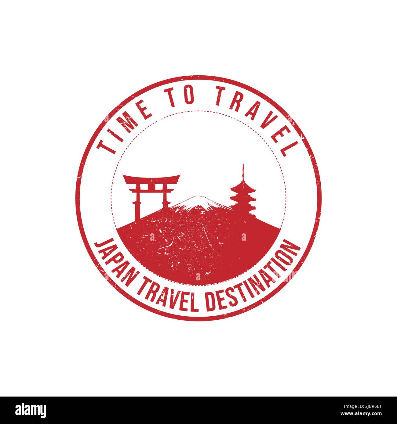 Grunge rubber stamp with the text Japan travel destination written inside the stamp. Time to travel. Silhouette of fuji mount and temple Japan histori Stock Vector