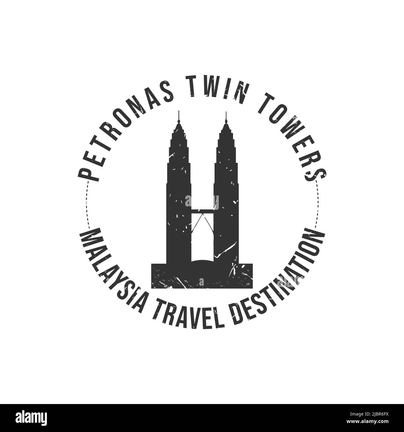 Grunge rubber stamp with the text Malaysia travel destination written inside the stamp. Time to travel. Silhouette of Petronas tower Malaysia vector Stock Vector