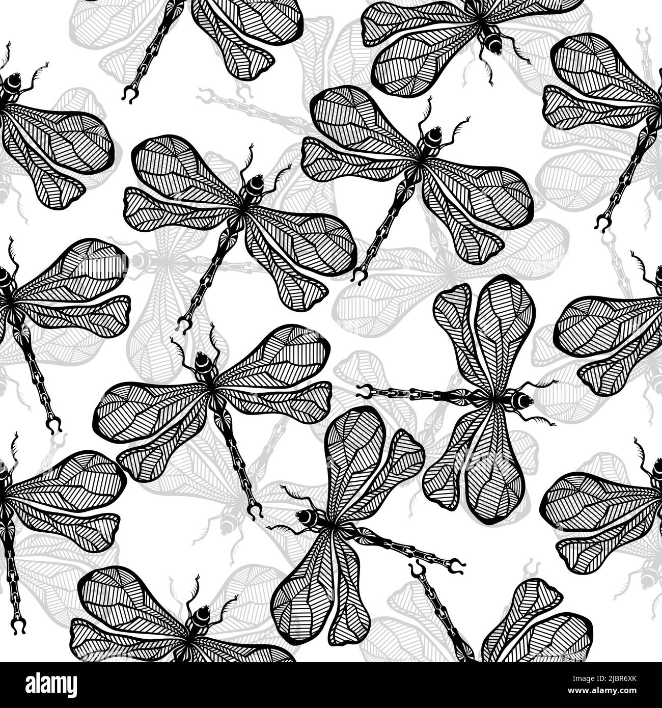 Black and white dragonfly with decorative wings on white background ...