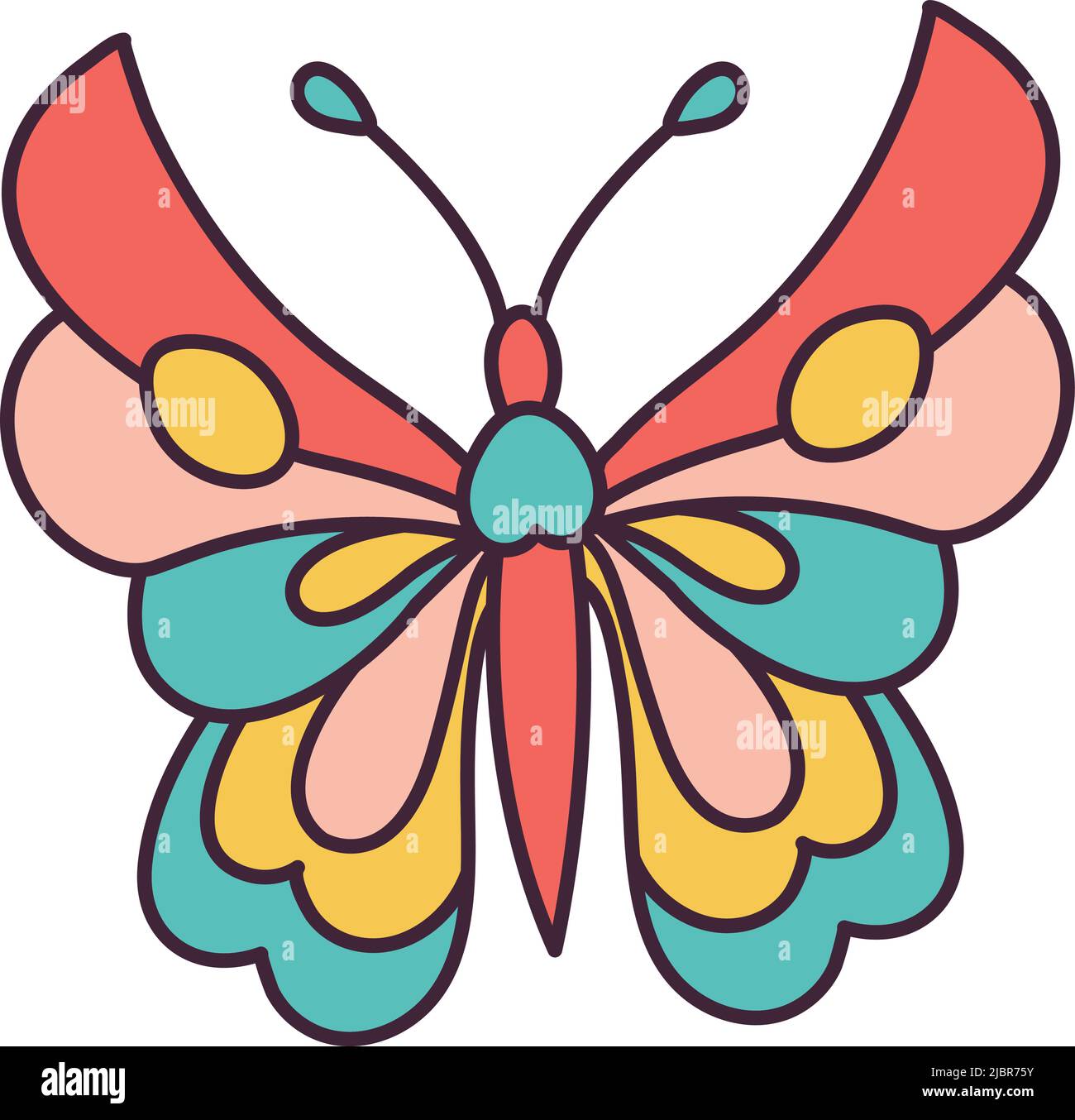 Butterfly Retro 70s 60s Groovy Hippie vector illustration. Summer retro colours butterfly print for tee shirt or fashion fabric. Stock Vector