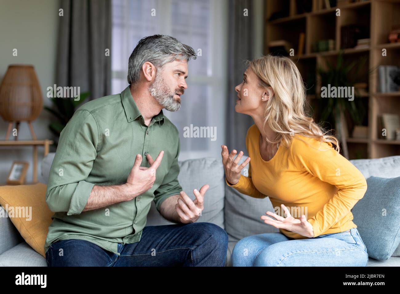 Marriage Problems. Portrait Of Middle Aged Spouses Quarreling At Home Stock Photo