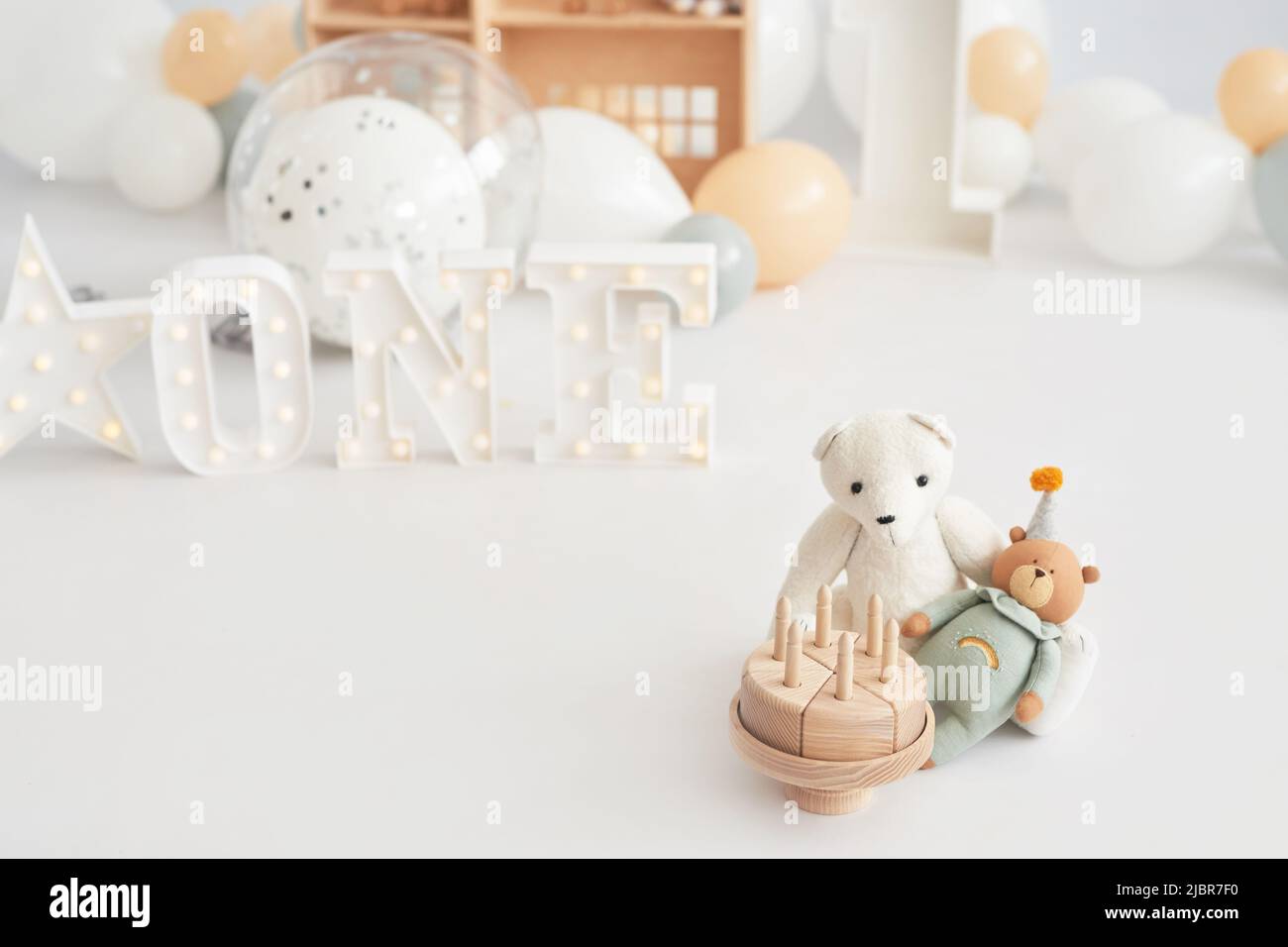 1 year decorations background. Happy birthday holiday. Balloons and