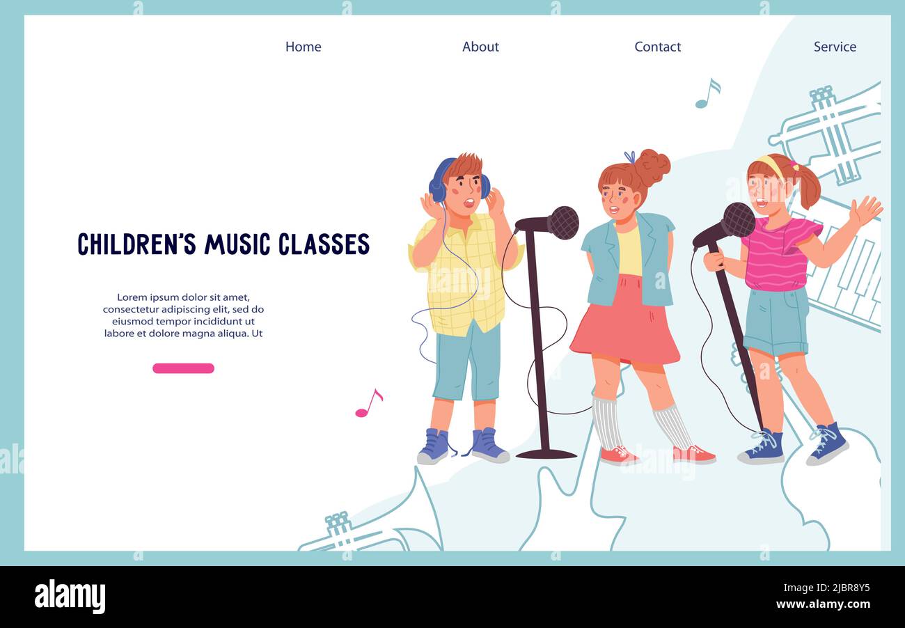 Vocal lessons website template for kids with kids singing songs, flat cartoon vector illustration. Lessons and lessons in music and vocals, children's Stock Vector