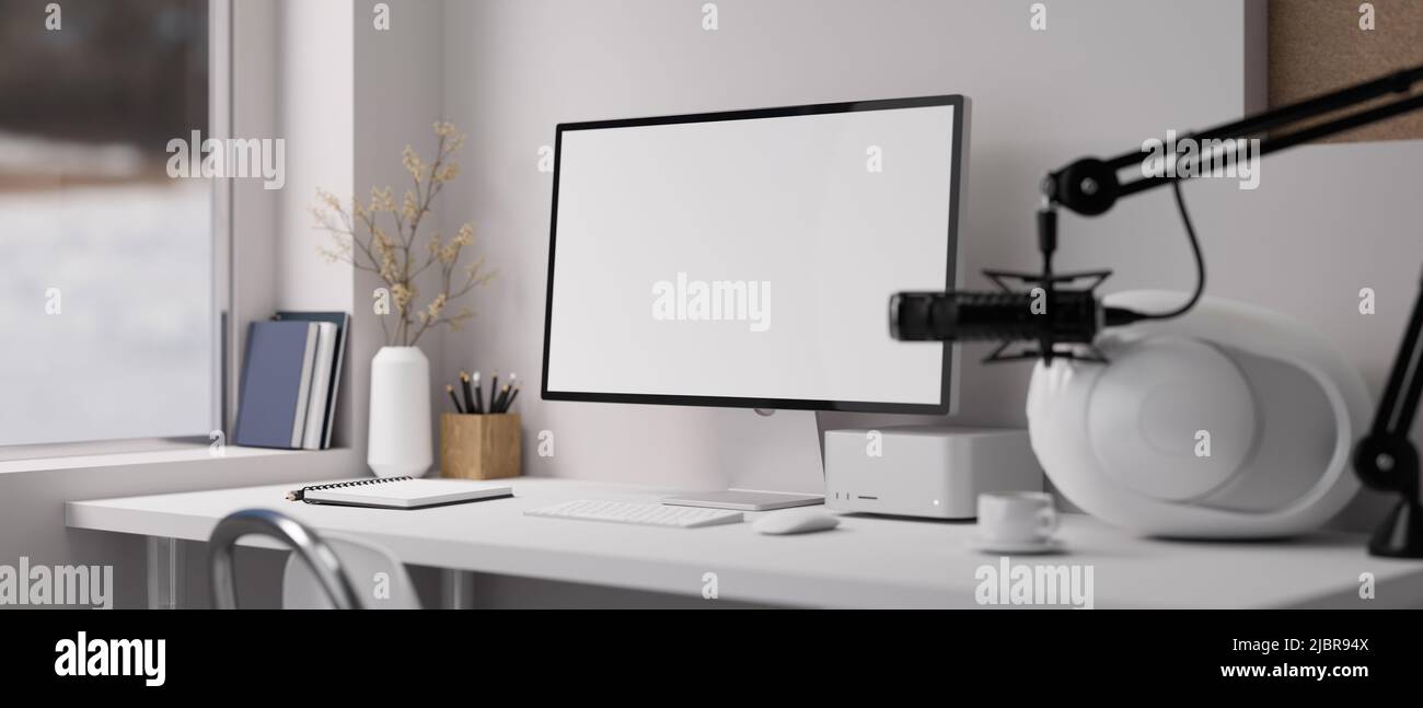 Modern broadcasting workspace with pc computer mockup, accessories, modern speakers, and modern microphone. Podcast, live streaming, online radio. 3d Stock Photo