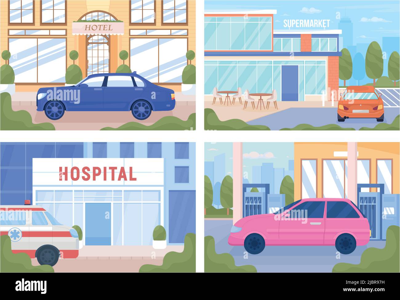 Urban infrastructure objects flat color vector illustrations set Stock Vector