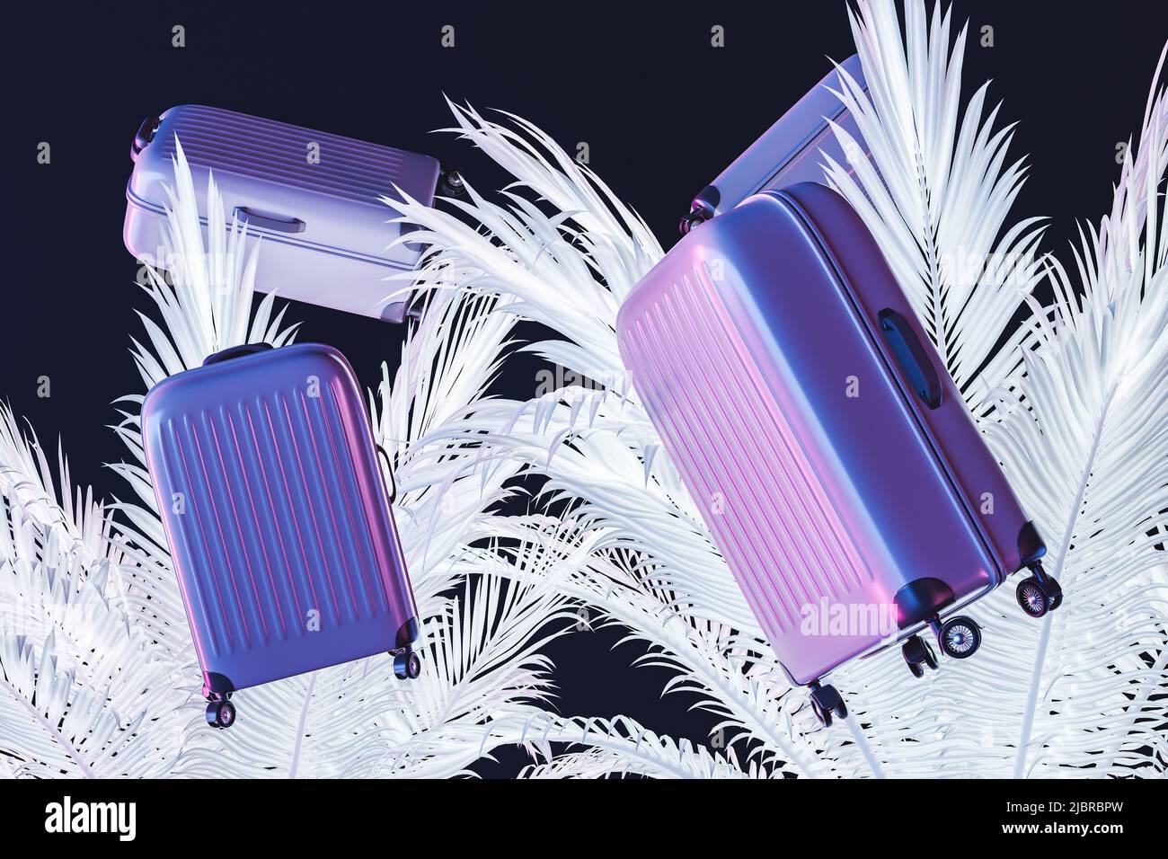 3D rendering modern hard case suitcases floating against white leaves