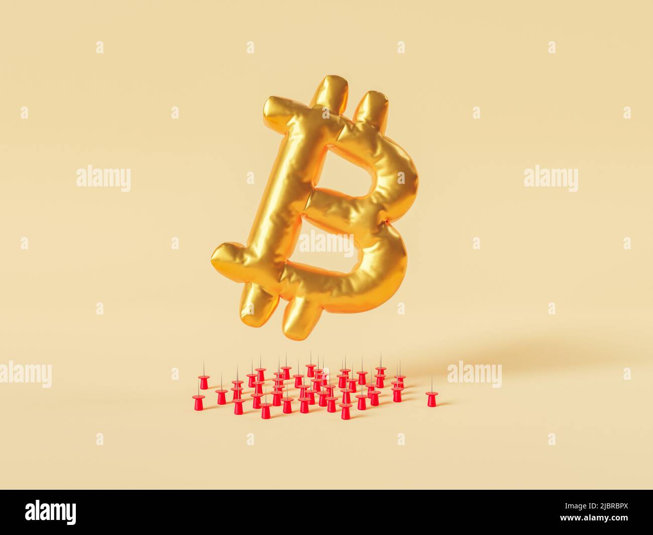 3D rendering of golden bitcoin shaped balloon flying over many sharp pins and avoiding failure against beige background Stock Photo
