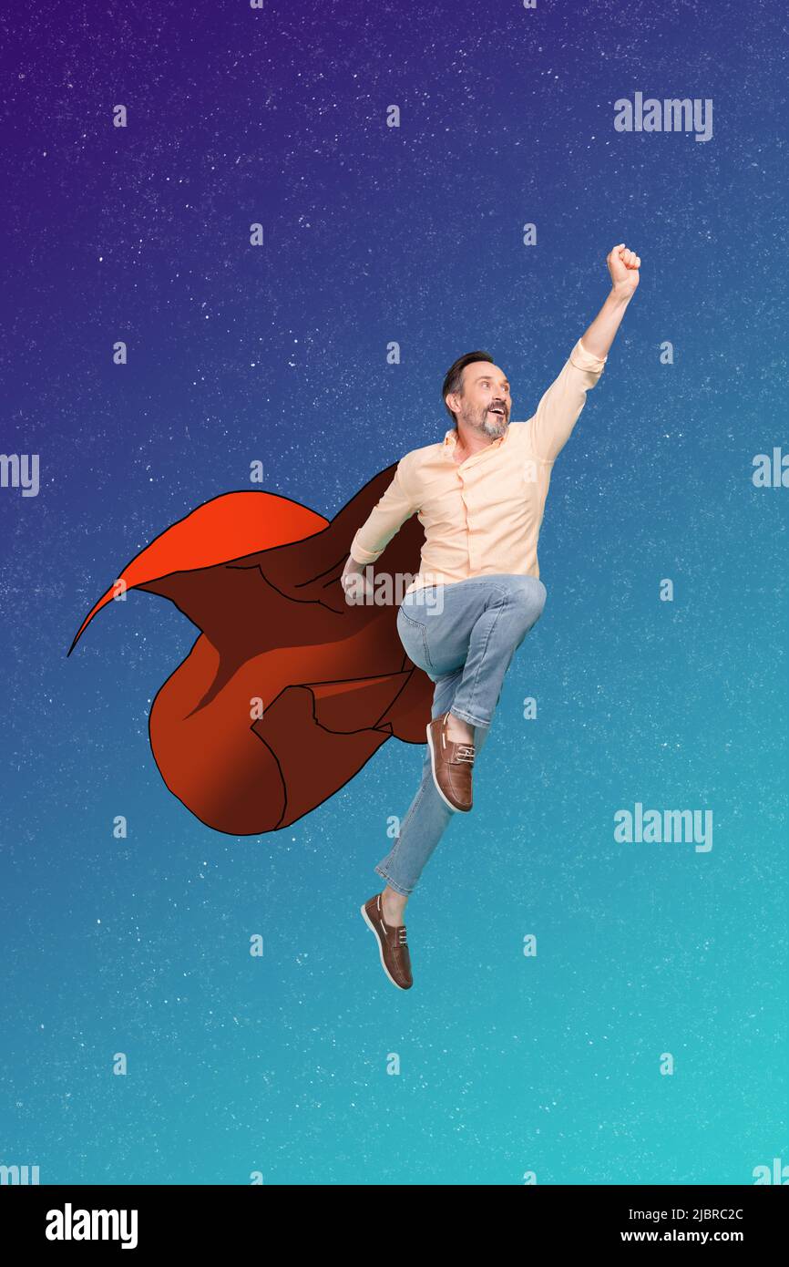 Vertical composite collage portrait of flying super man raise hand wear red drawing cape isolated on creative space background Stock Photo