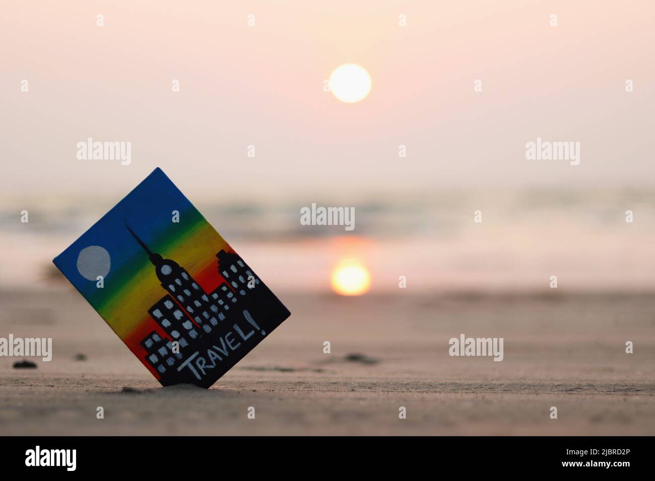 Travel painting in beach sand during Sunset, Chivla Beach, Malvan ...