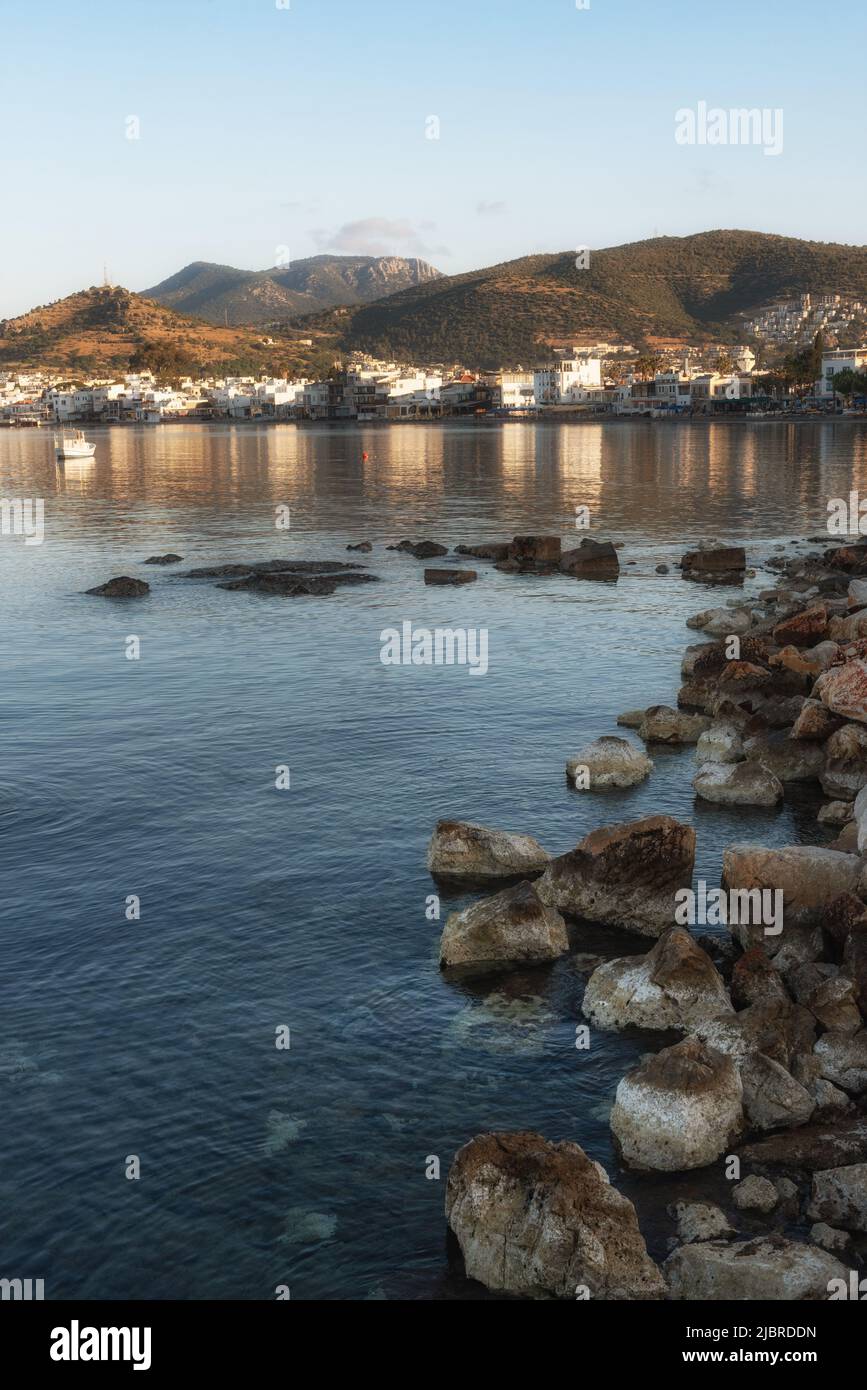 Beautiful Bodrum Peninsular viewed from the Turkish Aegean harbour town on the south west coast of Turkey. Stock Photo