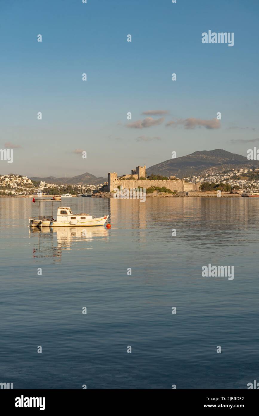 Bodrum, Mugla, Turkey. April 21st 2022 Beautiful morning light on Bodrum harbour with a medieval fortress and mountains in the background, Turkish sou Stock Photo