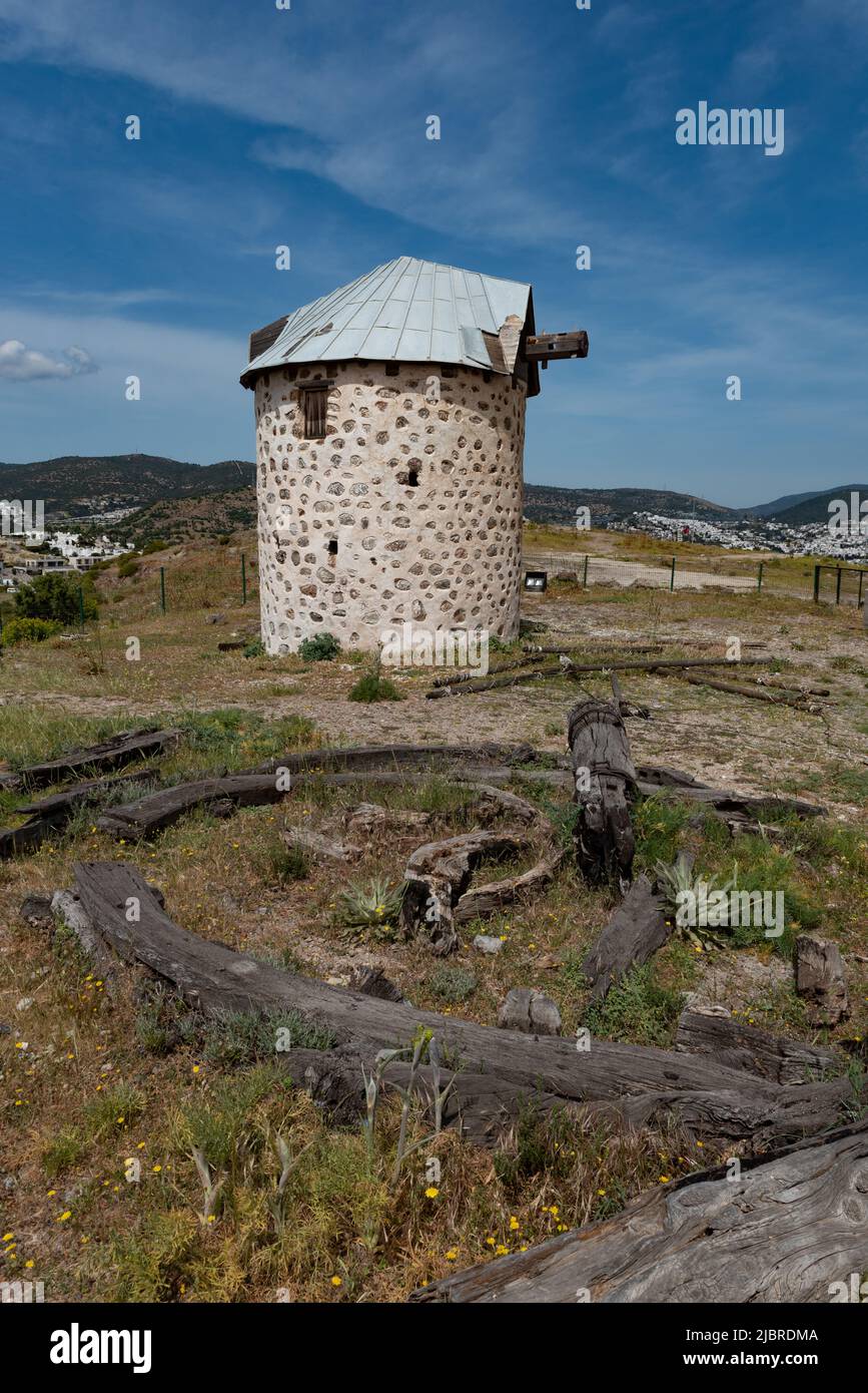 One of the partially restored Bodrum Windmills, overlooking Gumbet bay and Bodrum Marina, a local landmark the windmills are damaged and derelict. sou Stock Photo