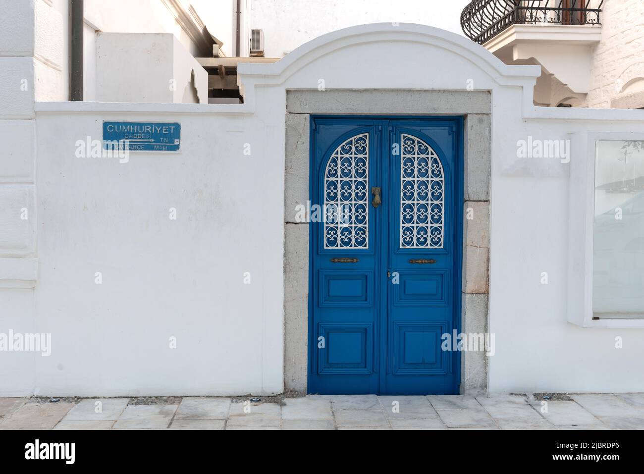 Bodrum, Mugla, Turkey. April 22nd 2022 Beautiful traditional blue door in the Aegean seaside town of Bodrum in the south west of Turkey. Stock Photo