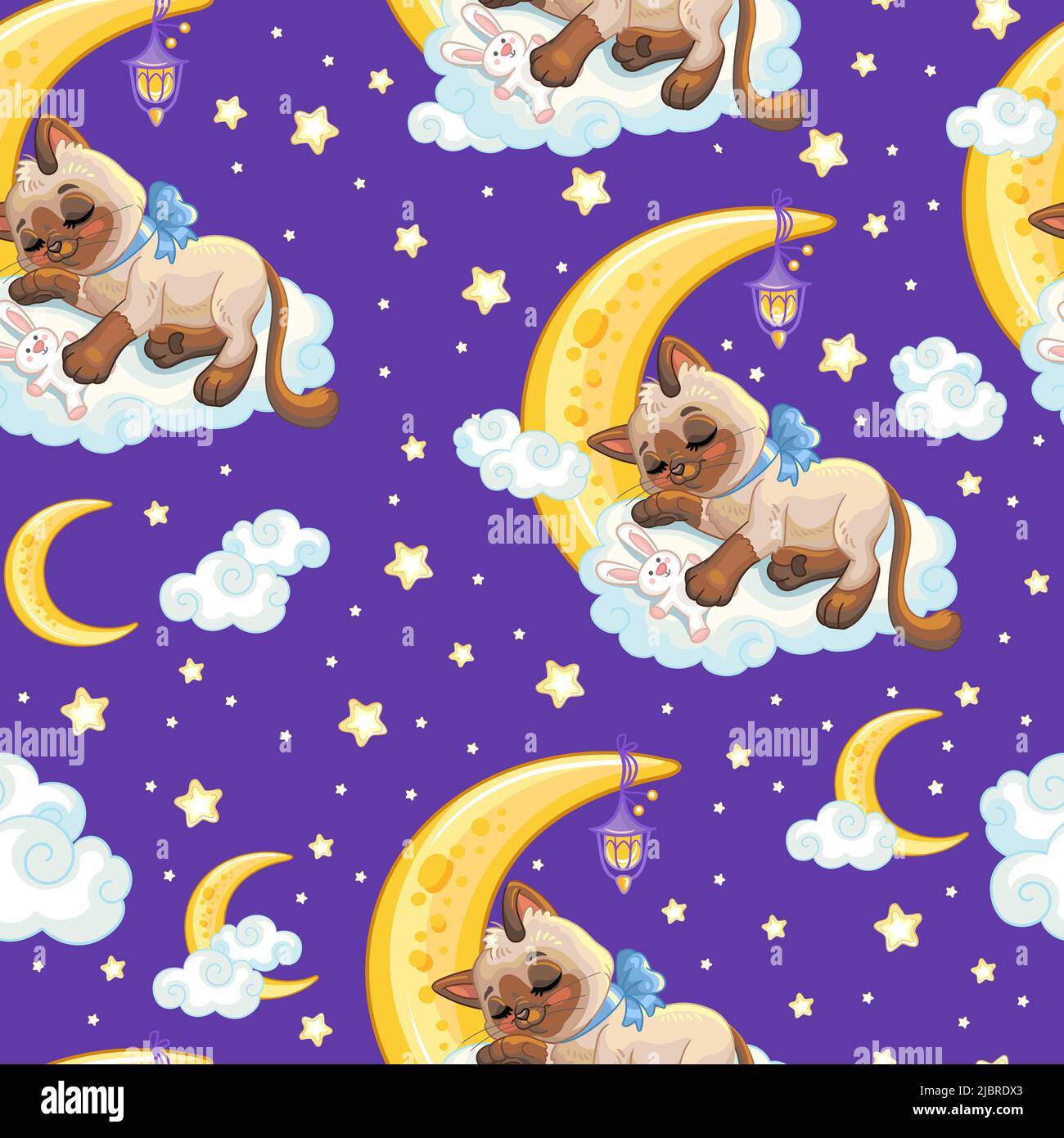 Seamless pattern cute cat sleeping on a moon. Cartoon vector illustration. Childish print for textiles, fabrics, wallpapers, design, linen, decor, bed Stock Vector