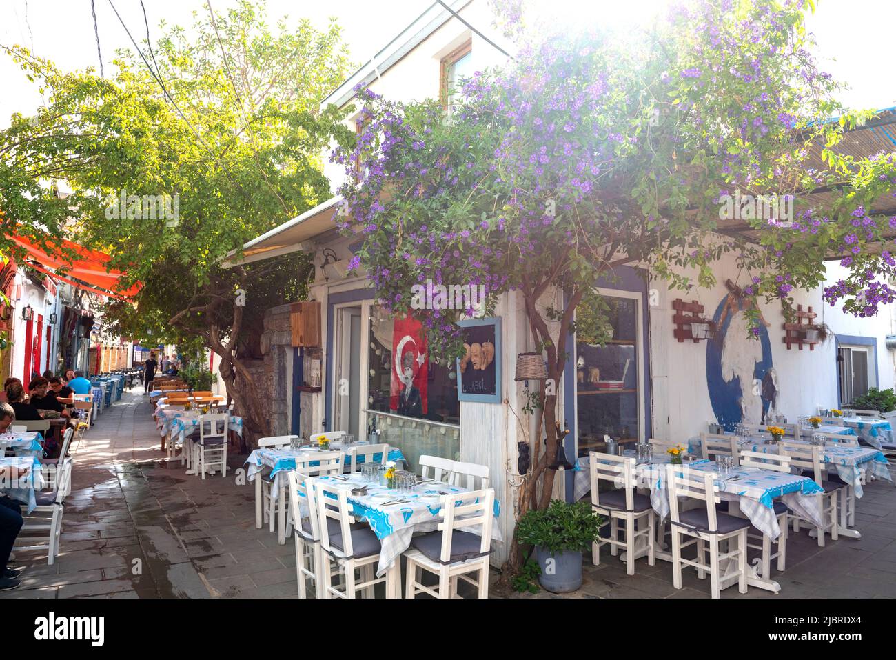 Bodrum, Mugla, Turkey. April 23rd 2022 Charming side streets with cute and trendy cafes and restaurants in Bodrum old town, the Aegean seaside city in Stock Photo