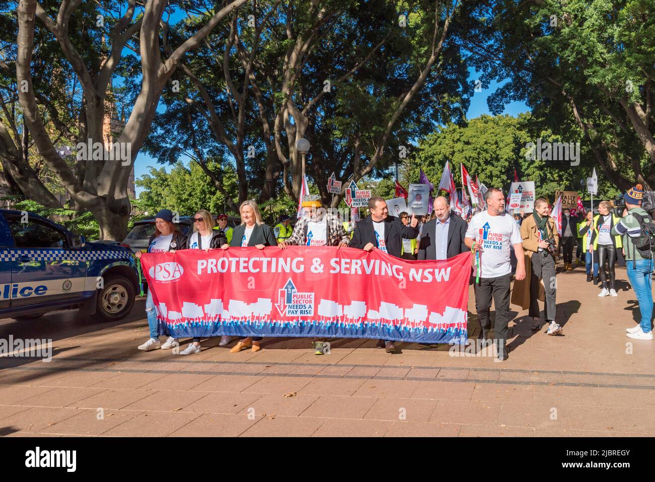 June 8th, 2022, Sydney, Australia: New South Wales Public Sector workers on a 24hr strike, marched on Parliament House in Macquarie Street, Sydney today rejecting a 3% pay rise offer and unhappy that only certain 'front line' workers were awarded an additional $3,000.00 Covid-19 bonus. Stock Photo