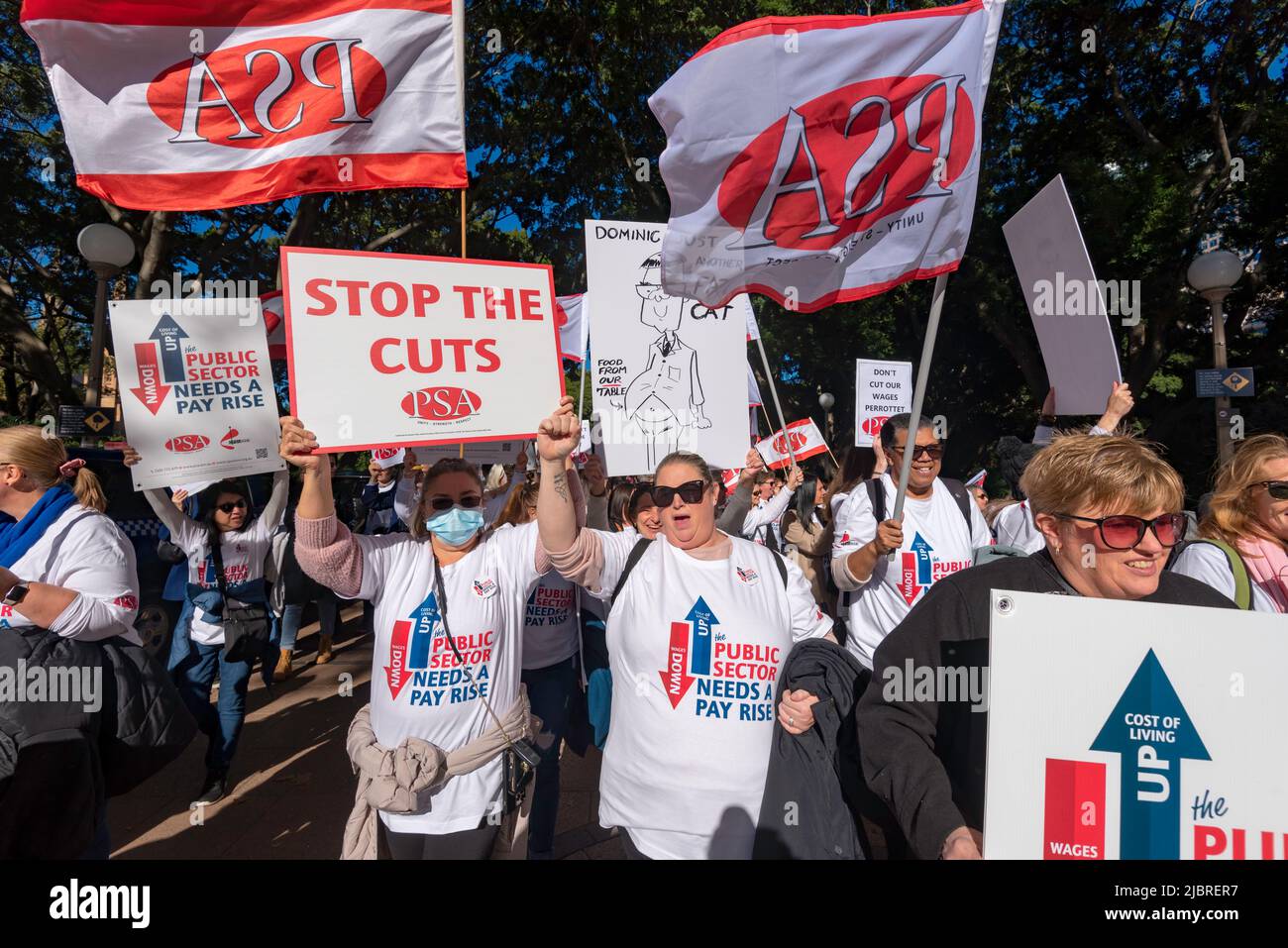 June 8th, 2022, Sydney, Australia: New South Wales Public Sector workers on a 24hr strike, marched on Parliament House in Macquarie Street, Sydney today rejecting a 3% pay rise offer and unhappy that only certain 'front line' workers were awarded an additional $3,000.00 Covid-19 bonus. Stock Photo
