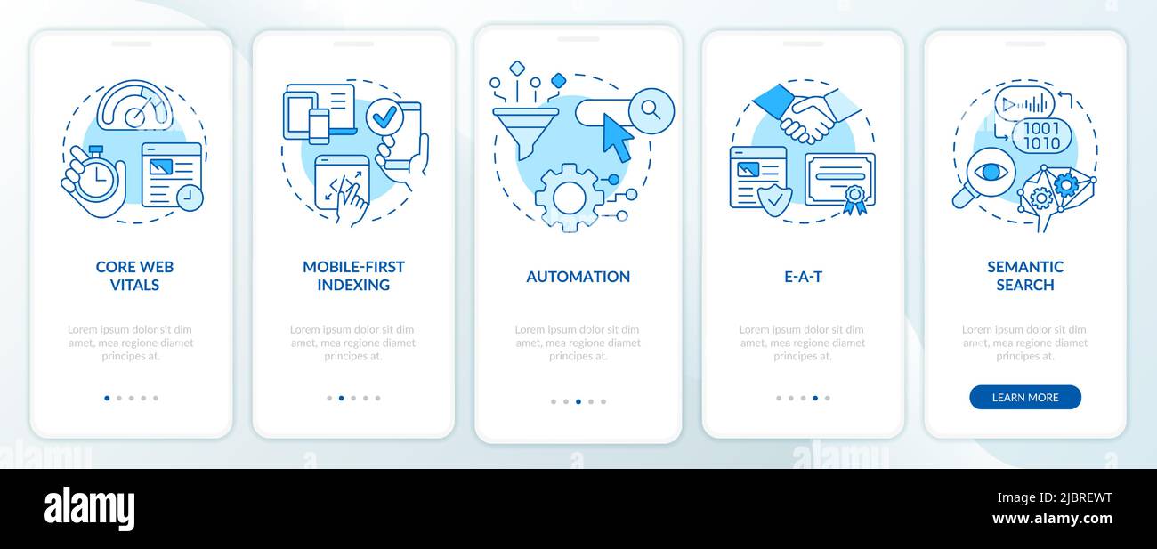 Search engine optimization concepts blue onboarding mobile app screen ...