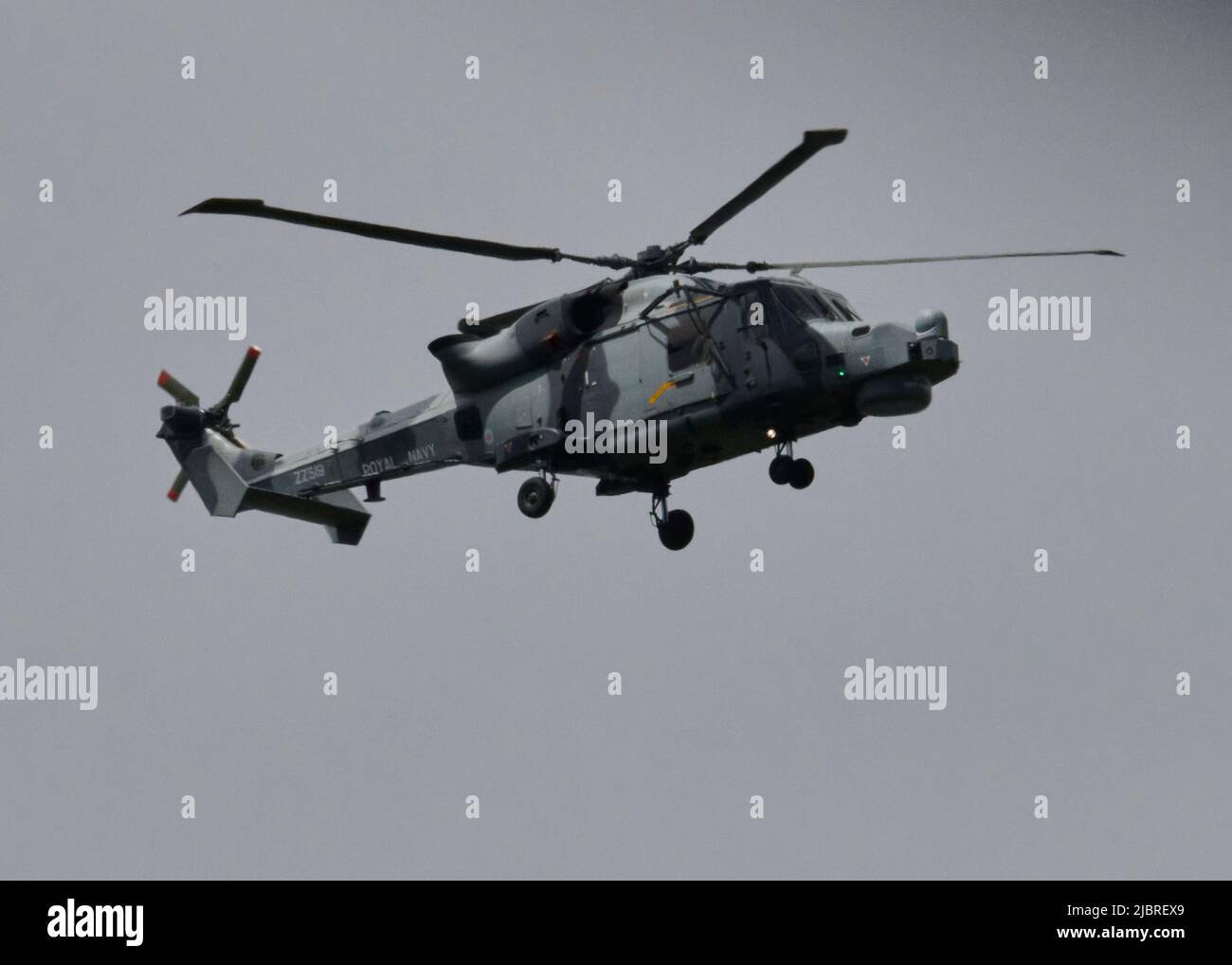 Newton Abbot, UK. 08th June, 2022. A Royal Navy Wildcat Helicopter is scrambled to monitor traffic along the A38 near Ashburton, Devon. Credit: Will Tudor/Alamy Live News Stock Photo