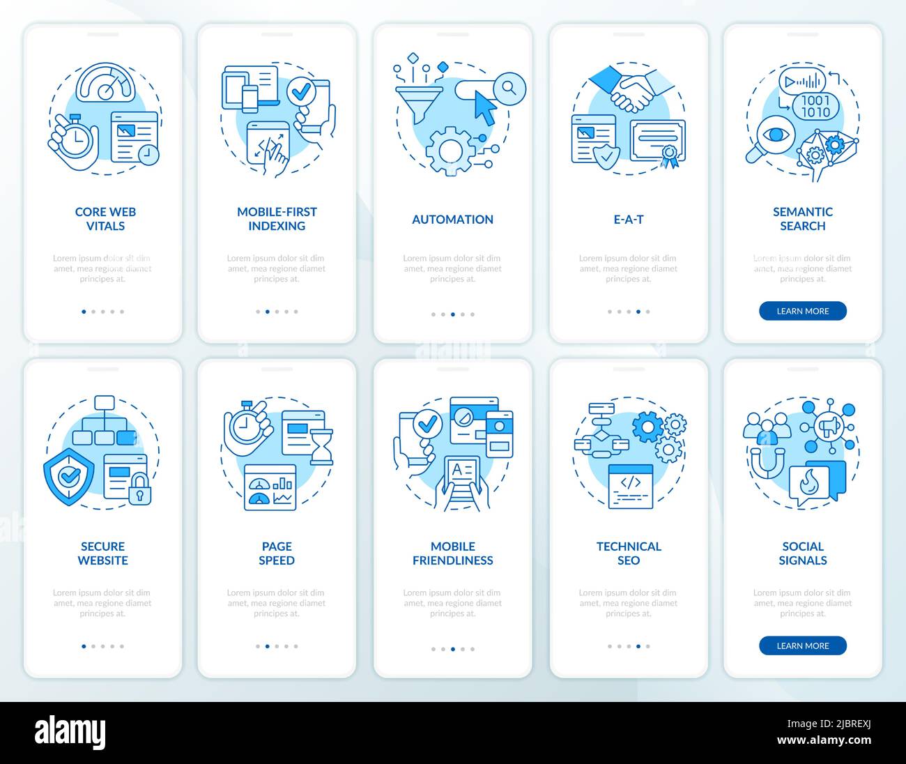 Search engine optimization blue onboarding mobile app screen set Stock Vector