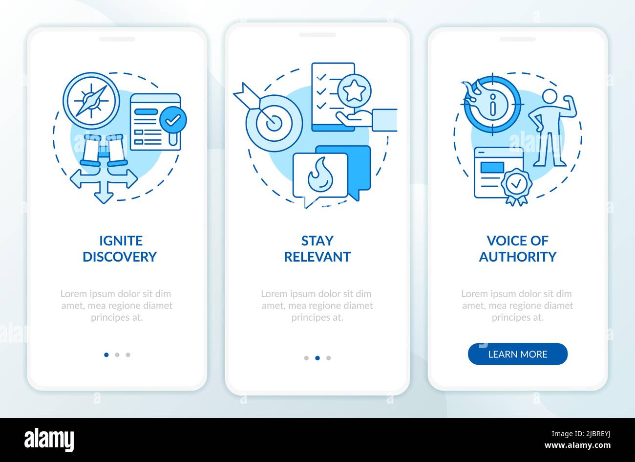 Search engine optimization pillars blue onboarding mobile app screen Stock Vector
