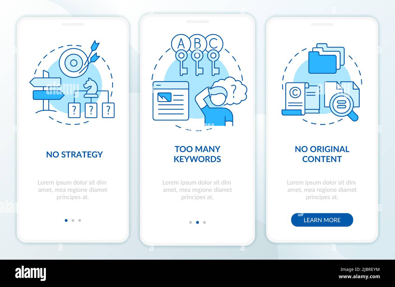Search engine optimization mistakes blue onboarding mobile app screen Stock Vector