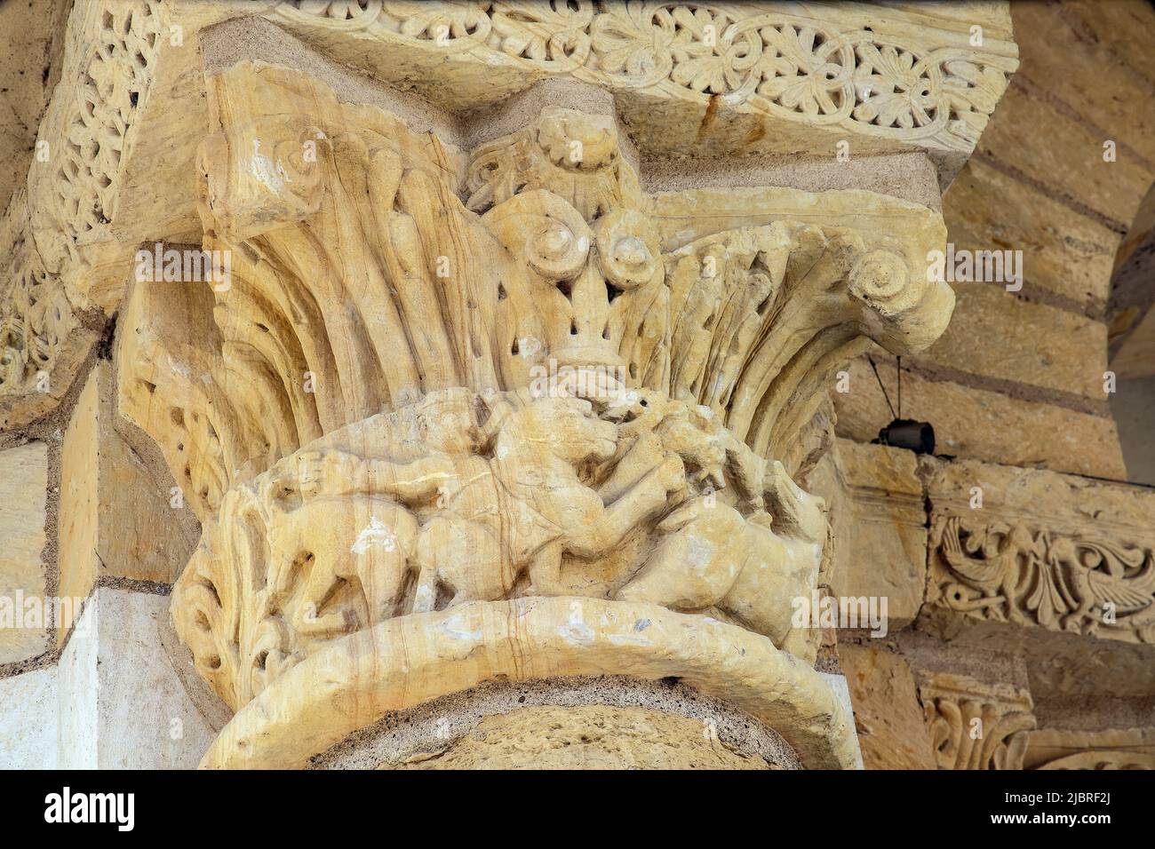 Carved capitals in the Romanesque Abbey Church of St Benoit sur Loire (Abbaye de Fleury). Loiret department in north-central France. Stock Photo