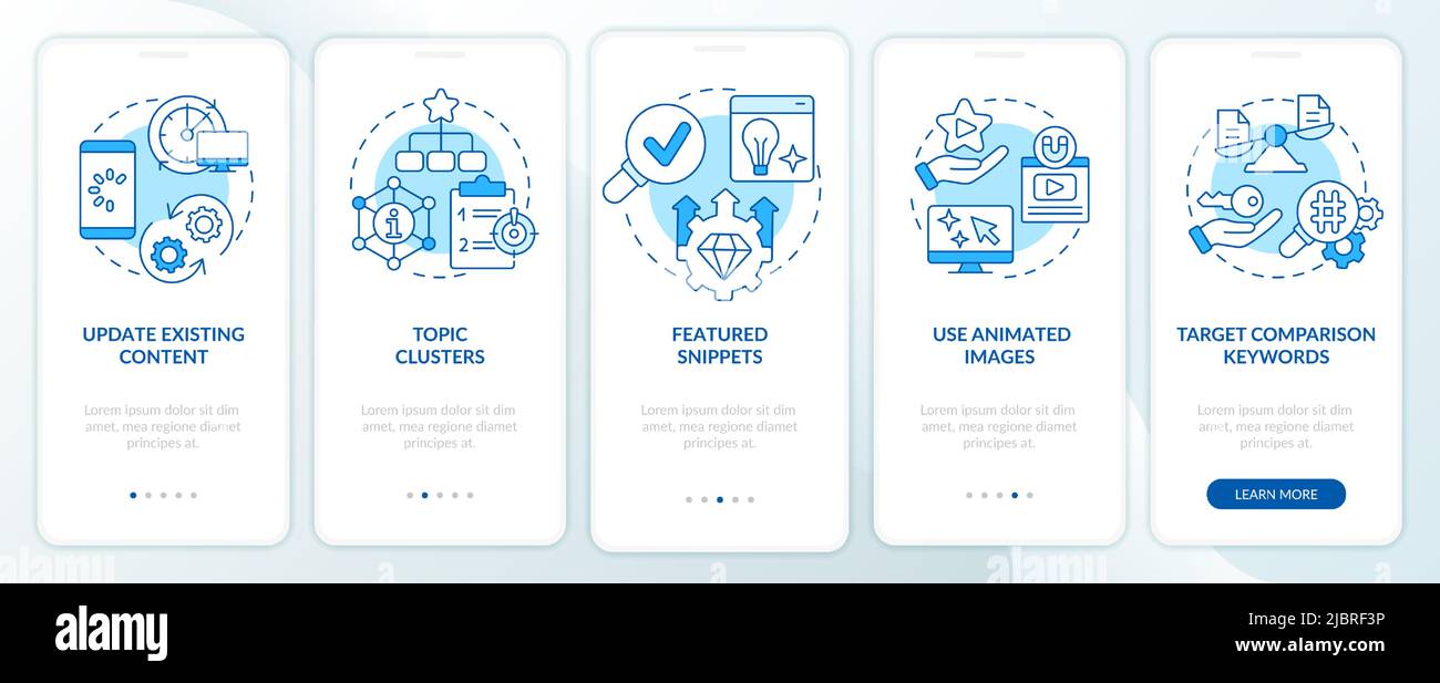 Advanced SEO techniques blue onboarding mobile app screen Stock Vector