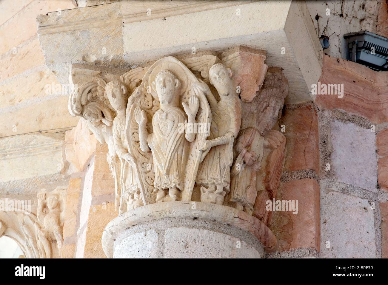 Carved capitals in the Romanesque Abbey Church of St Benoit sur Loire (Abbaye de Fleury). Loiret department in north-central France. Stock Photo