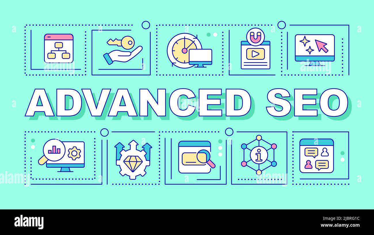 Advanced search engine optimization word concepts turquoise banner Stock Vector