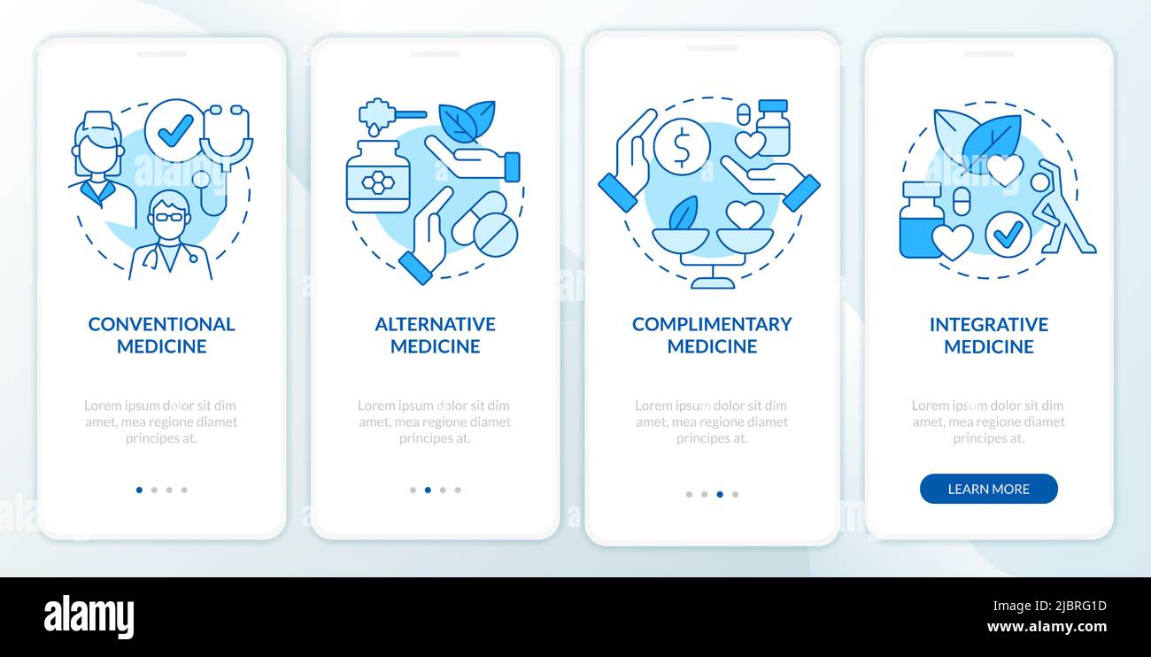 Types of healthcare approaches blue onboarding mobile app screen Stock ...