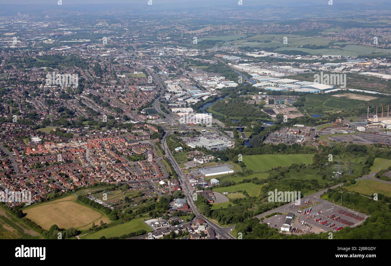 Aerial view looking west up the A630 road towards Rotherham town centre, South Yorkshire. Asda Rotherham Superstore prominent in the foreground. Stock Photo
