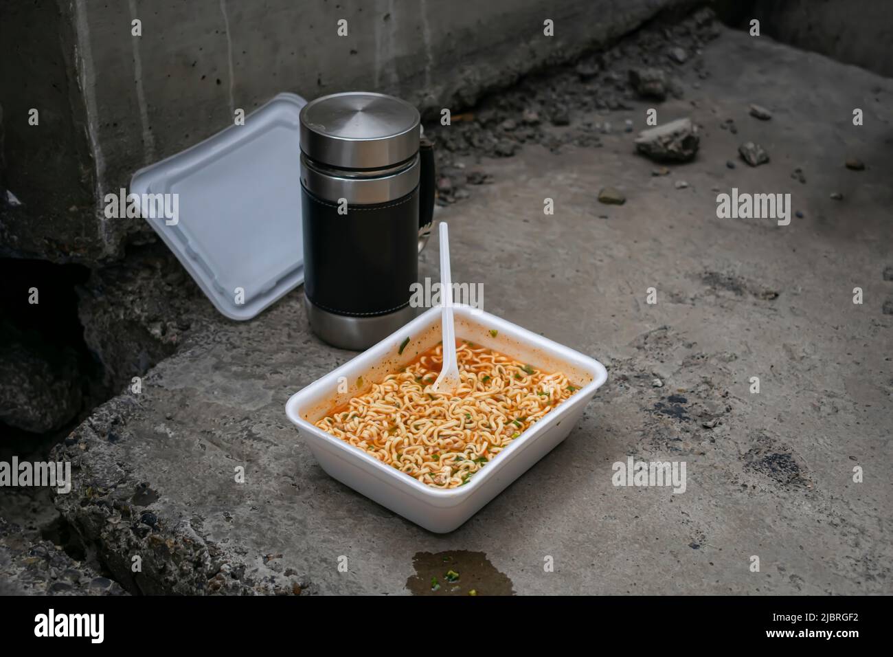 Cheap fast food for poor and homeless people in an old abandoned building Stock Photo Alamy