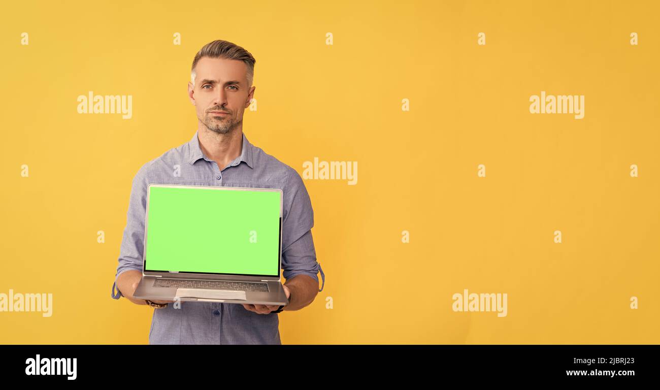 webinar pc advertisement. businessman presenting product. presentation on computer. Stock Photo