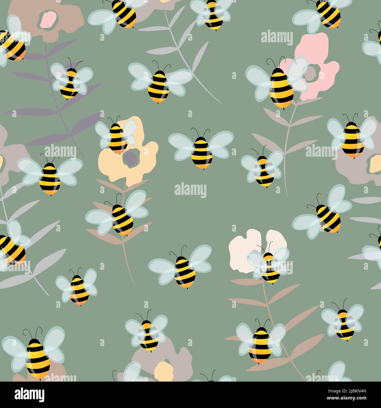 Seamless pattern with bees on floral background. Small wasp. Vector ...
