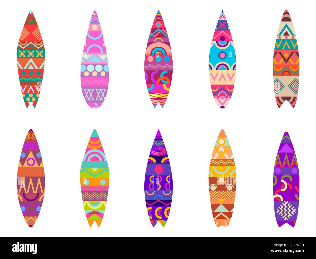 Surfboards isolated on white background. Set of surfboards with ethnic