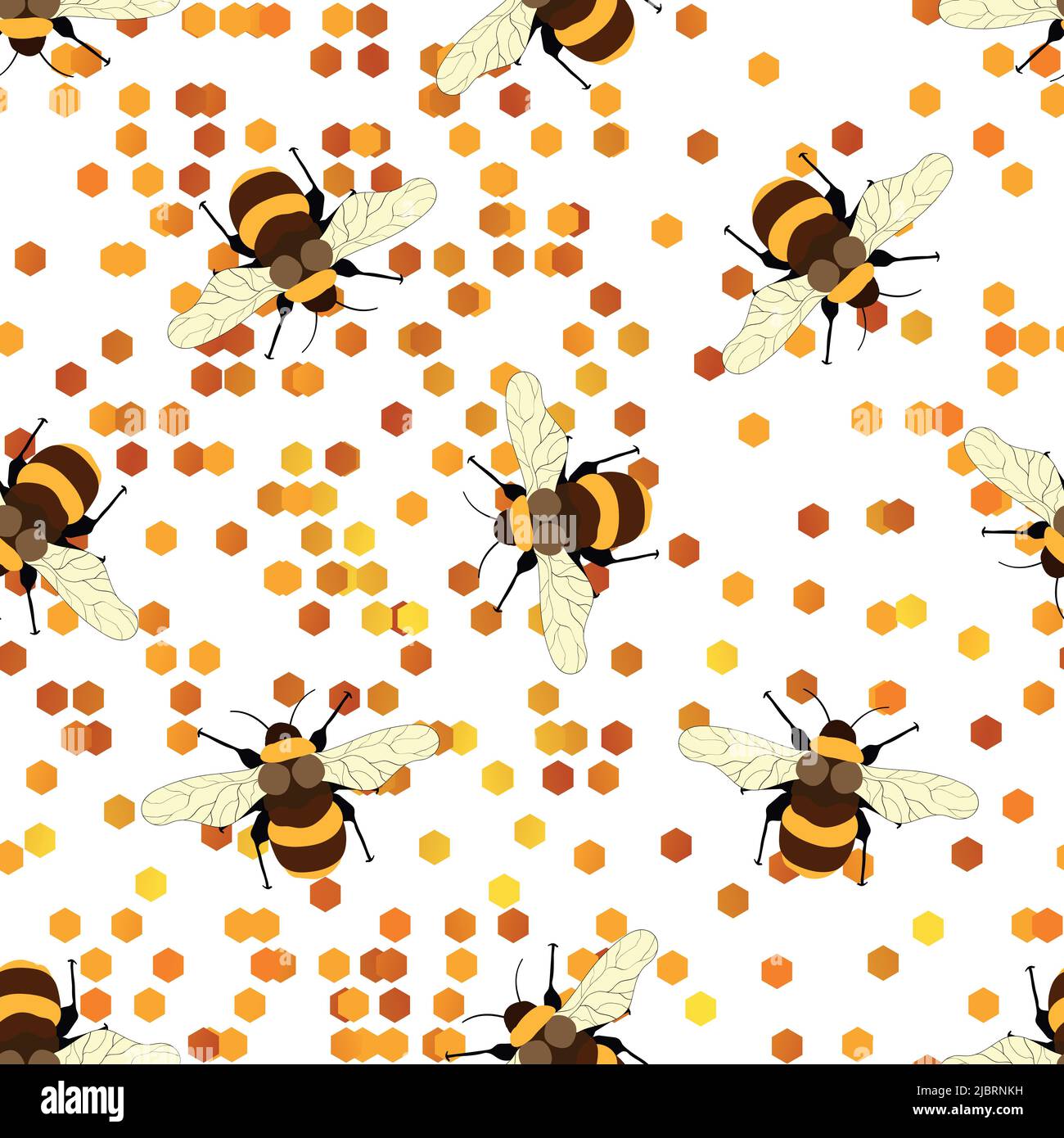 Seamless pattern with bees on white honeycomb background. Small wasp ...