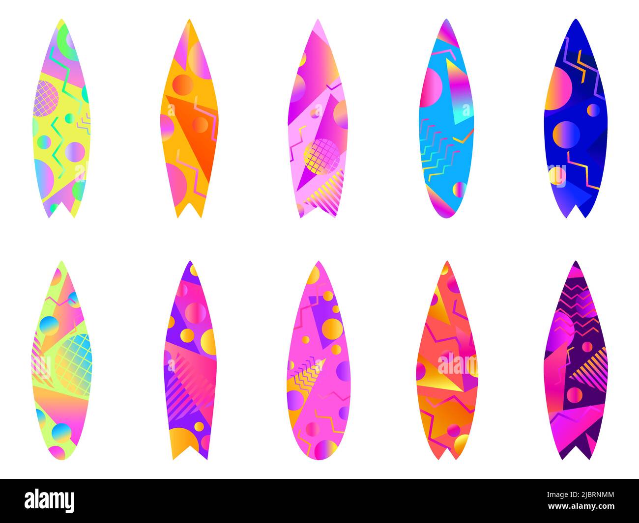 Surfboards isolated on white background. A set of surfboards with a